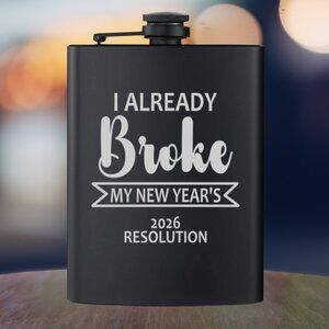 Personalized Broke My New Years Resolution Black Flask | New Years Gifts | Party